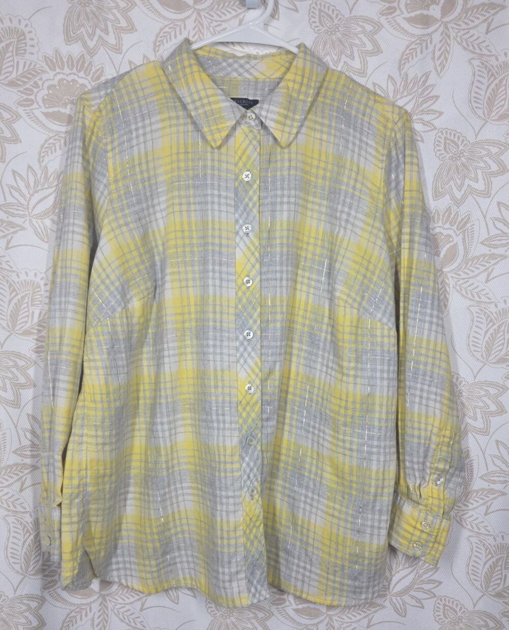Talbots Cotton Flannel Button Front Shirt Yellow 1XP Plaid Silver Thread PETITE - Picture 2 of 9
